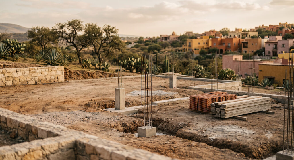 Terreno nivelado con cimentación inicial para construir una casa