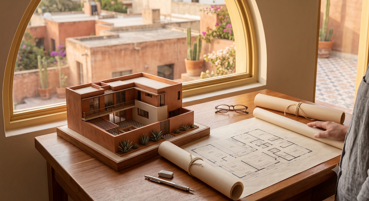 Planos y maqueta para distribuir una casa según el terreno