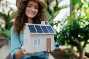 Mujer sosteniendo una maqueta de casa para inmuebles sustentanbles