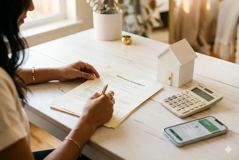 Mujer mexicana revisando contrato hipotecario junto a maqueta de casa blanca, calculadora y smartphone sobre mesa de madera clara