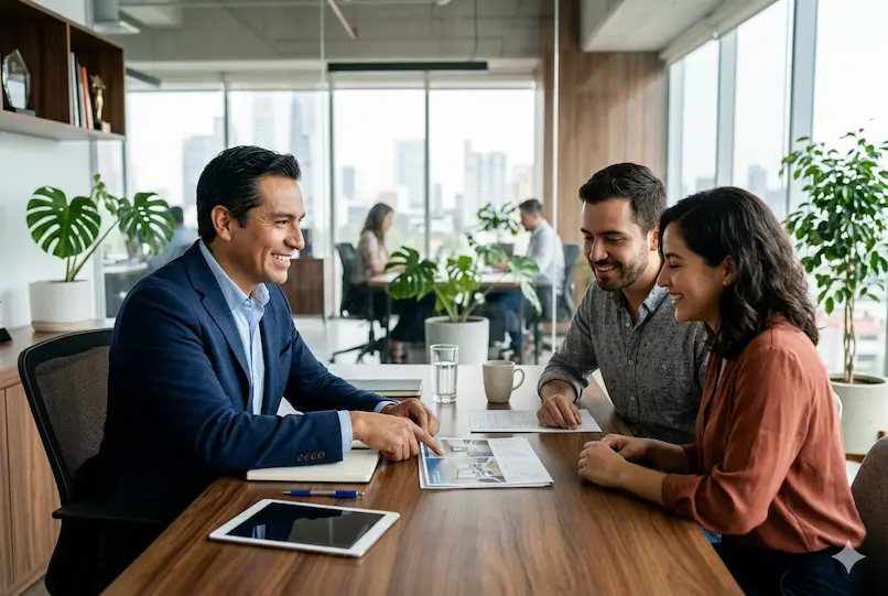 Asesor inmobiliario de Century 21 explicando opciones de compra de vivienda a pareja joven en oficina moderna con vista a la ciudad