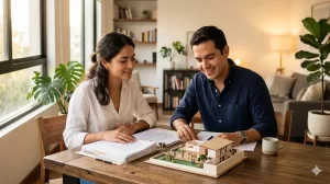 Pareja joven mexicana revisando planos y maqueta de casa en su hogar durante el proceso de compra de una vivienda en México