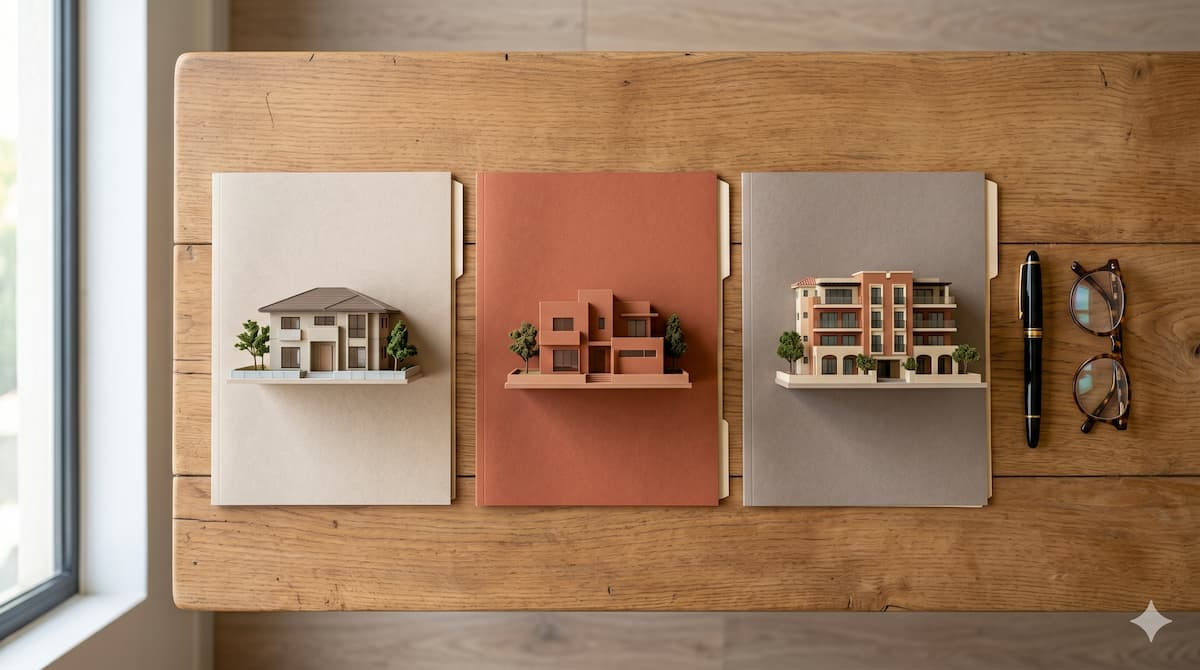 Tres casas en miniatura sobre carpetas distintas, ilustrando las diferencias entre cesión de derechos, compraventa y donación de un inmueble