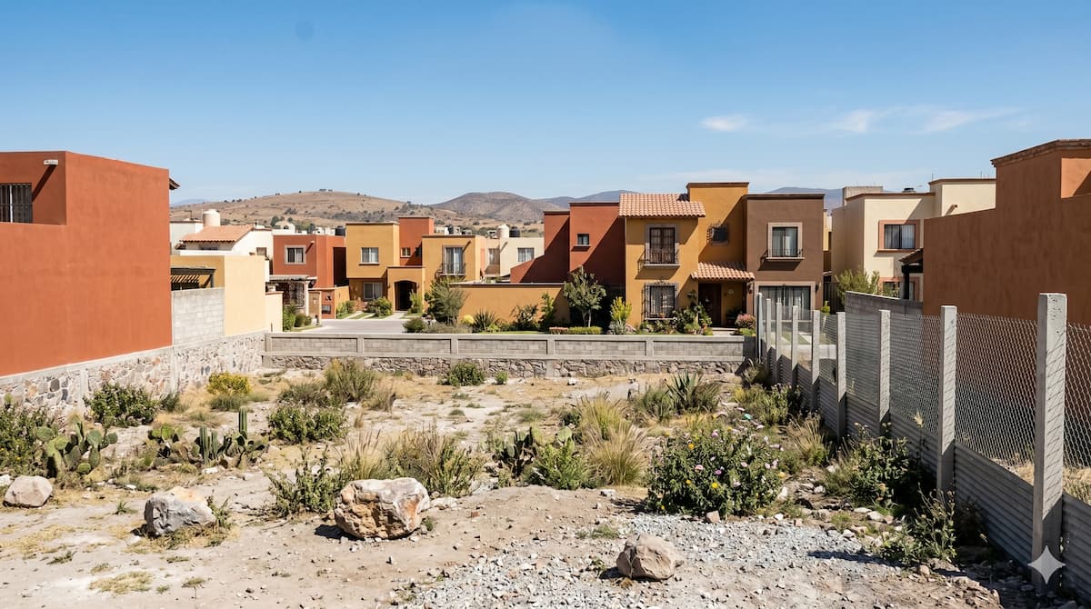 Terreno urbano vacío en una colonia mexicana en proceso de regularización, ejemplo del tipo de inmueble común en cesiones de derechos
