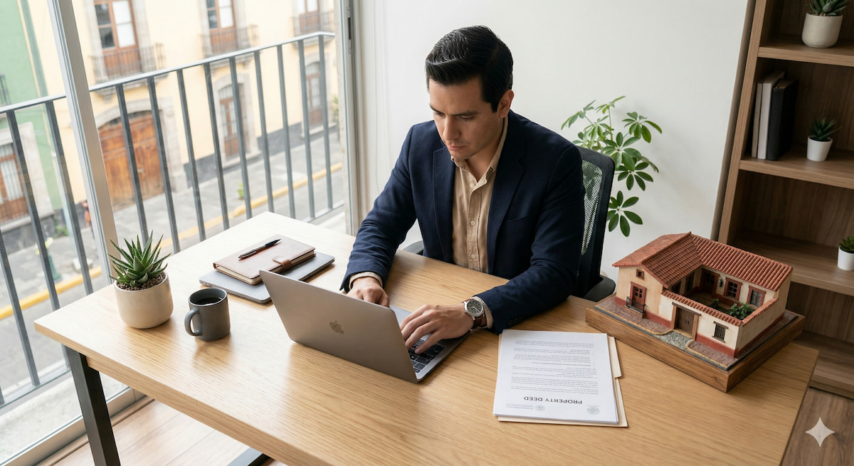 Persona consultando el portal del Registro Público en laptop junto a documentos de propiedad