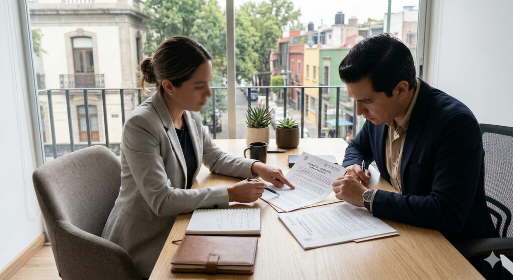 Dos personas revisan documentos oficiales de un inmueble sobre un escritorio de madera