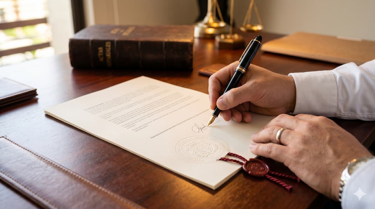 Firma de una escritura pública sobre un escritorio notarial, formalización de una cesión de derechos ante notario