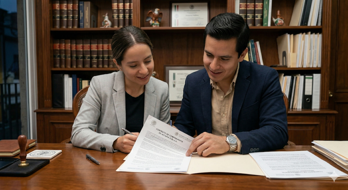Asesor inmobiliario y cliente revisando documentos en oficina de notaría