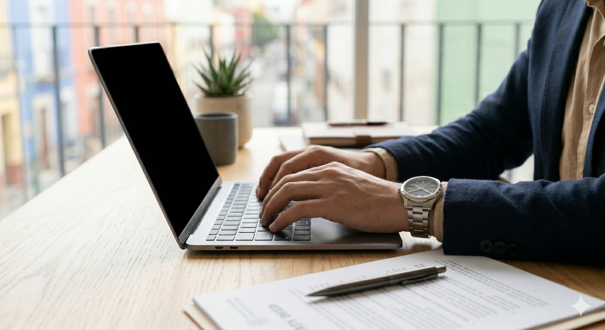 Manos escribiendo en laptop para tramitar certificado de libertad de gravamen en línea