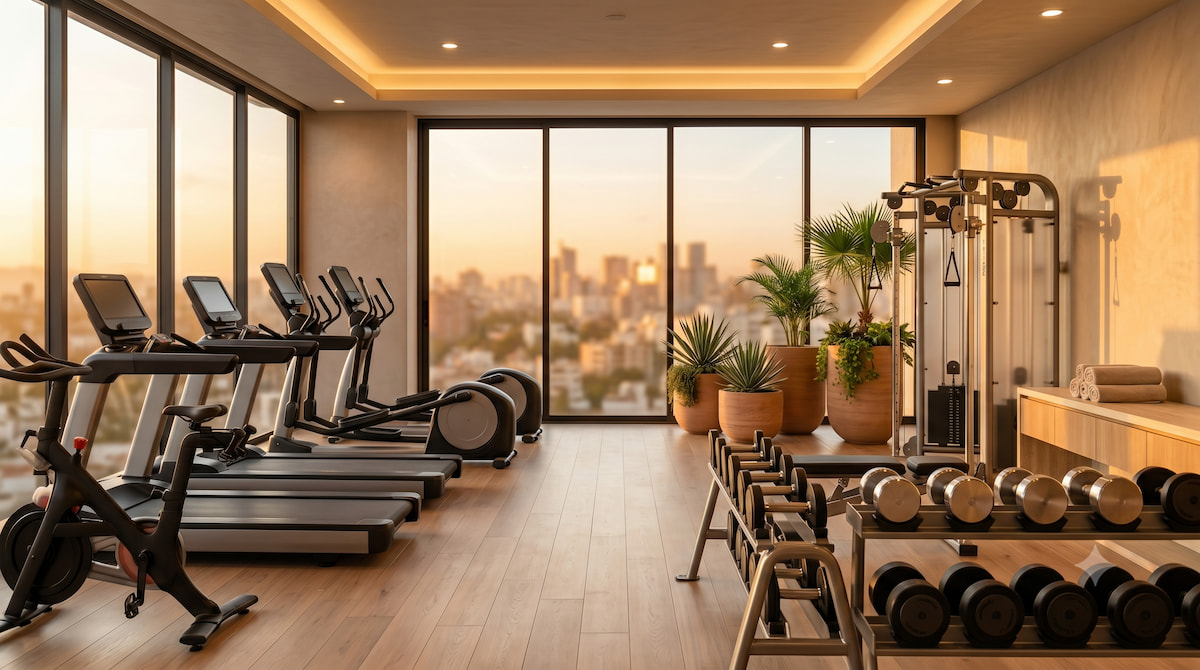 Gimnasio equipado como amenidad dentro de un edificio de departamentos
