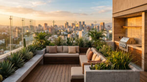 Roof garden con lounge y asador en la azotea de un edificio de departamentos