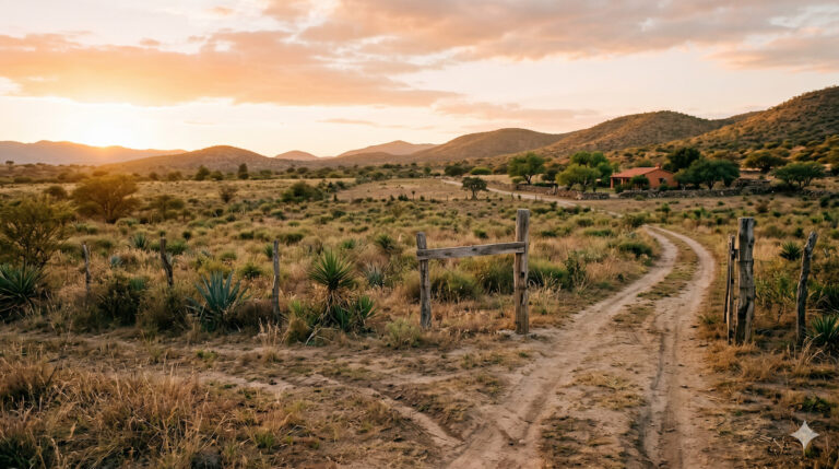 Terreno ejidal con acceso rural y casa de campo al fondo al atardecer en México