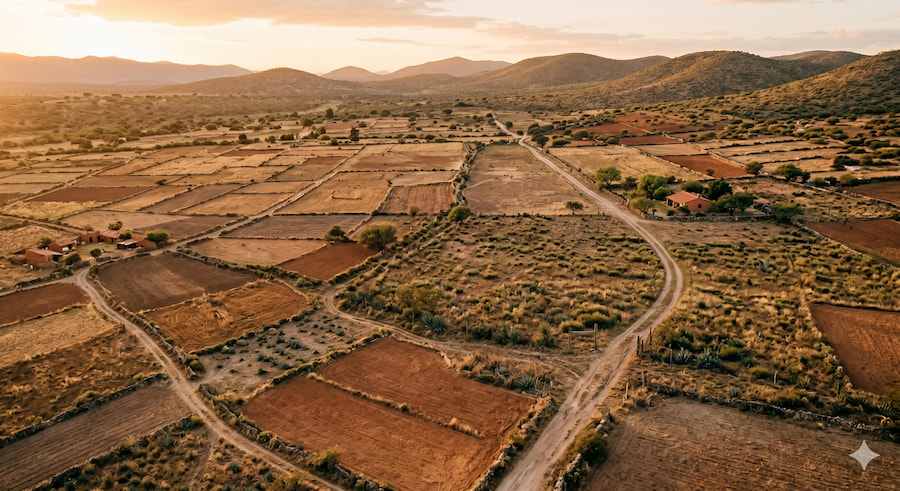 Vista aérea de parcelas ejidales divididas en el campo mexicano